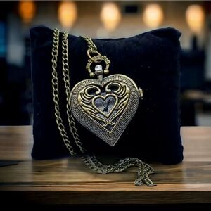 Pocket Watch Heart Shaped Engraved Antique Bronze Quartz Necklace Jewelry